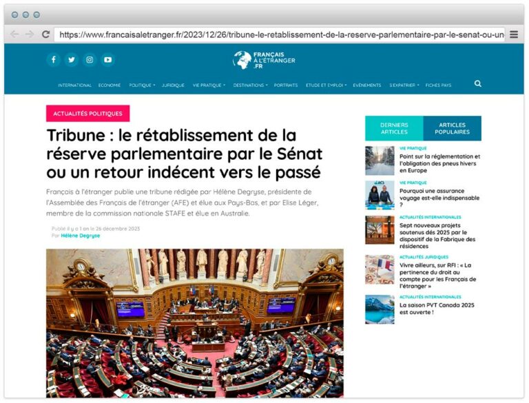 Tribune : le rétablissement de la réserve parlementaire par le Sénat ou un retour indécent vers le passé - Journal des Français à l’étranger