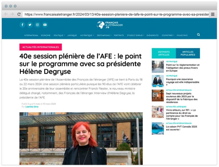 40e session plénière de l'AFE : le point sur le programme avec sa présidente Hélène Degryse - Journal des Français à l’étranger