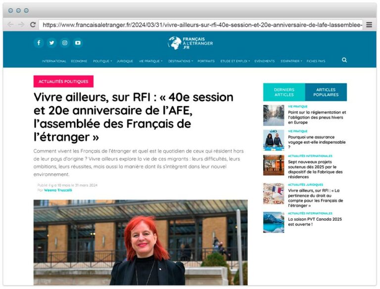 Vivre ailleurs, sur RFI : « 40e session et 20e anniversaire de l'AFE, l'assemblée des Français de l'étranger » - Journal des Français à l’étranger